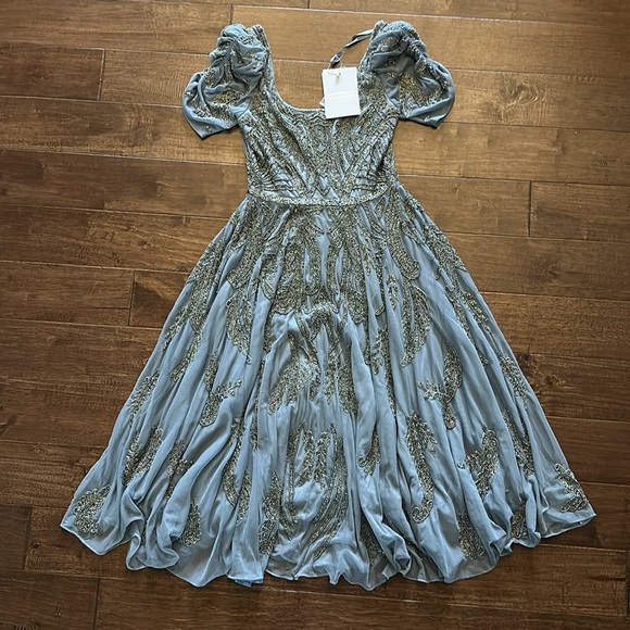 Mac Duggal 5434 Short Sleeve Silver Slate Blue Beaded Tea Length Dress Sz 8 NWT - Picture 3 of 14